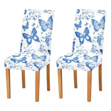 Imagem de Wassud Capas de cadeira de borboletas azuis complexas para sala de jantar, capa de cadeira elástica, capas de cozinha, laváveis, conjunto de 2