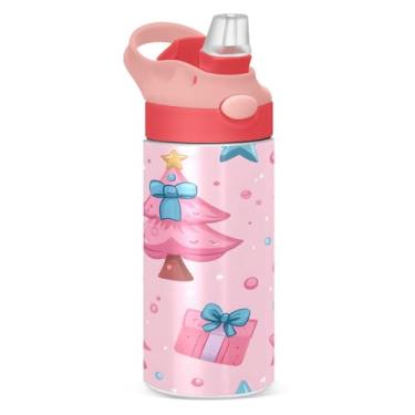 Imagem de YETTASBIN Garrafa de água de árvore de Natal rosa para crianças, 340 g à prova de vazamento, parede dupla, isolada, copo de viagem com tampa de canudo para meninas, meninos e crianças