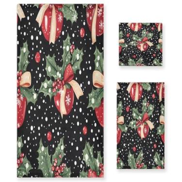 Imagem de Wassud Conjunto de 3 toalhas de banho de folhas de azevinho com tema natalino, toalhas super macias e absorventes para banheiro, toalhas de banho de secagem rápida, toalha de banho para academia, spa