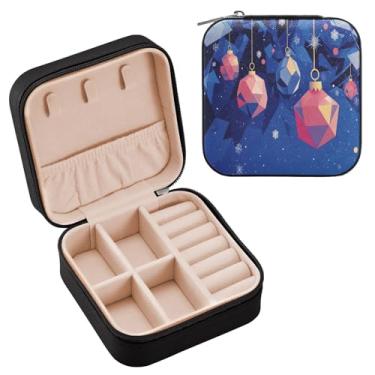 Imagem de Wassud Enfeites de Natal geométricos, estojo de joias de viagem para mulheres, meninas, senhoras, noiva, mini organizador de joias de couro PU, caixa quadrada de armazenamento de joias para brincos