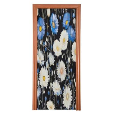 Imagem de Wassud Capa de porta, decoração de margaridas brancas e azuis grandes, 96 x 98 polegadas, faixa elástica para porta interna para varanda