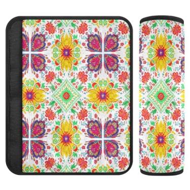 Imagem de Burbuja Capa para cinto de segurança de carro com azulejos de flores coloridas, protetor de cinto de segurança de carro macio confortável para alça de ombro de assento, 1 par pequeno