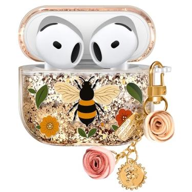 Imagem de Joyleop Capa protetora de silicone rígido para Airpods 4 para Airpods 4ª geração 2024 com design elegante de abelha e flores