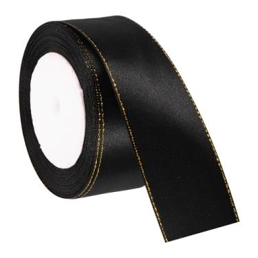 Imagem de PATIKIL Fita de cetim com borda dourada, fita de cetim de poliéster dupla face para embrulho de presente, buquês de flores, laços de cabelo, projetos de costura, preta