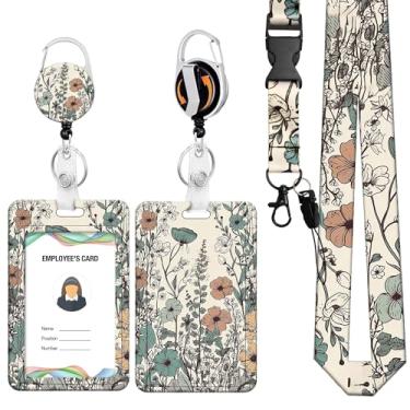 Imagem de RAORAOYUE Porta-crachá de identificação de flor, cordão e clipe retrátil para carretel de crachá, crachás de identificação, etiquetas de nome, cartão vertical, professor, enfermeira, trabalhadora