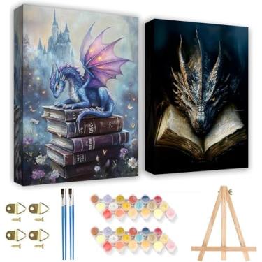 Imagem de KYOQFVN Pacote com 2 kits de tinta de dragão por números para adultos com moldura – Kit de pintura por números para adultos em tela com cavalete de madeira, pintura acrílica fácil por números para