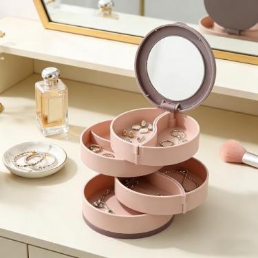 Imagem de Organizador de joias, caixa de armazenamento de joias pequena, suporte de brincos para mulheres, bandeja de joias rotativa de 5 camadas com tampa para pulseiras, anéis, pulseiras, presente para