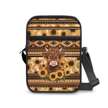 Imagem de CLOHOMIN Bolsa mensageiro para mulheres pequena bolsa tiracolo masculina bolsa tiracolo para chave óculos organizadores de cartões de crédito presentes de férias, Girassóis Aztec Highland Cow