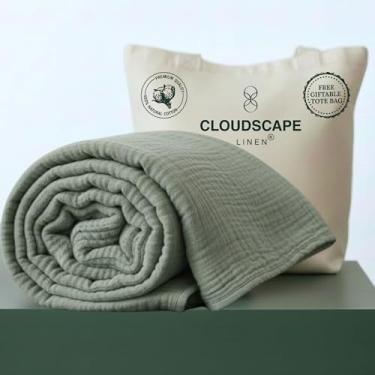 Imagem de CLOUDSCAPE LINEN Cobertor luxuoso de musselina 100% algodão, tamanho Queen, 4 camadas grandes 90 x 90 para cama de casal, cobertores de inverno em camadas para cama, colcha de gaze macia, roupa de