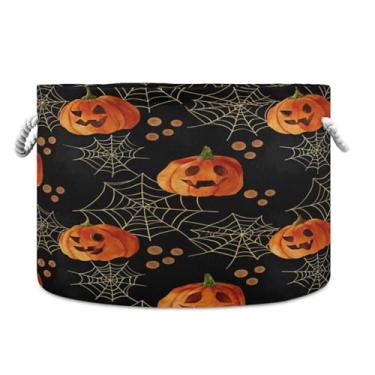 Imagem de JUZIHAI Cesta de armazenamento redonda dobrável para Halloween, 50 x 35 cm, abóbora e aranha, cesto de roupa suja com alças de algodão para cobertores, brinquedos, berçário, decoração de quarto
