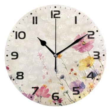 Imagem de JUZIHAI Relógio de parede de flores silvestres em aquarela silencioso, sem tique-taque, redondo, operado por bateria, fácil de ler, relógio decorativo de parede para casa, cozinha, sala de estar
