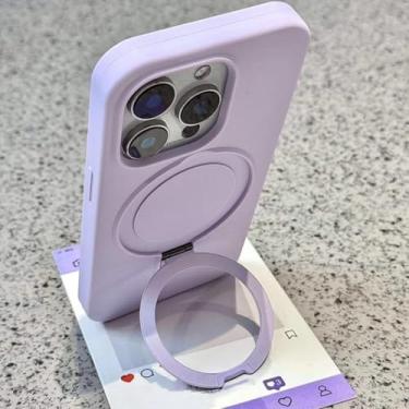 Imagem de IRTGFG Capa de silicone líquido luxuosa com suporte em anel magnético fosco e macio para iPhone 16 Pro Max (para iPhone 16 Pro Max/roxo)