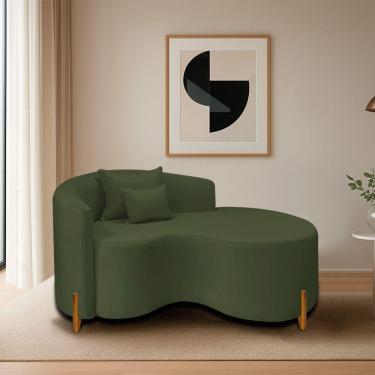 Imagem de Divã Recamier Curvo Sala De Estar Recepção Inglaterra 150cm Pés Madeira Lado Direito Linho Cor Verde