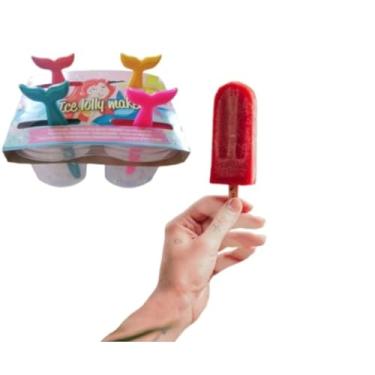 Imagem de Kit 4 Formas de Picolé Infantil Cauda de Sereia, Moldes Reutilizáveis, Palitos Coloridos, Plástico Resistente, Livre de BPA, Diversão Saudável para Crianças