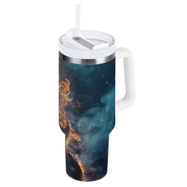 Imagem de Copo de café grande para viagem com tampa e canudo, copo à prova de vazamento de fogo de guitarra flamejante