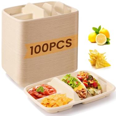 Imagem de FELISTORY 100 peças de pratos de taco descartáveis, polpa de bagaço, suporte de taco com 2 compartimentos laterais, bandeja segura de fibra vegetal para taco terça-feira, festa, sanduíche