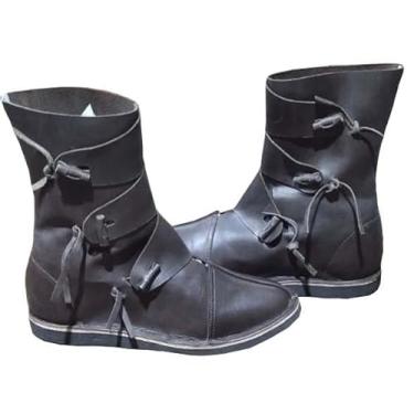 Imagem de Botas de couro viking medieval | Sapatos de feira renascentista feitos à mão para homens | Calçado de fantasia steampunk gótico | Design com fecho de botão., Preto, 44