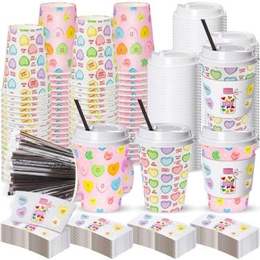 Imagem de Tanlade Conjunto de 100 xícaras de café descartáveis para o Dia dos Namorados com tampas e mangas, canudos, copos de papel coração de amor de 340 g para chá de cacau quente, bebida, artigos de festa