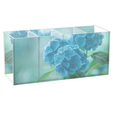 Imagem de TSENQUE Porta-canetas com flores azuis de hortênsia personalizada para mesa de arte em acrílico para marcador, suporte de pincel, copos de lápis de papelaria, armazenamento de escritório, decoração de