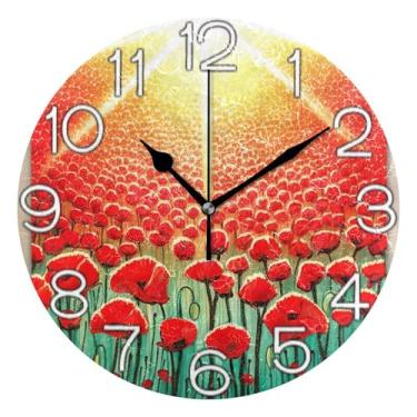 Imagem de GAIGEO Relógio de parede decorativo colorido de campo de flores vermelhas analógico para sala de aula relógio de escritório estético silencioso sem tique-taque, decoração de parede moderna para sala