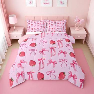 Imagem de Erosebridal Conjunto de edredom completo com laço de morango para meninas | Conjunto de cama com laço rosa doce morango para crianças e mulheres, colcha com laço rosa fofo, gravata borboleta kawaii