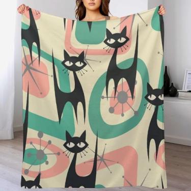 Imagem de Cobertor de gato preto de meados do século Atômico Starbursts abstrato vintage geométrico anos 1950 estilo padrão macio leve quente cobertor de pelúcia para sofá quarto 76,2 cm x 101,6 cm