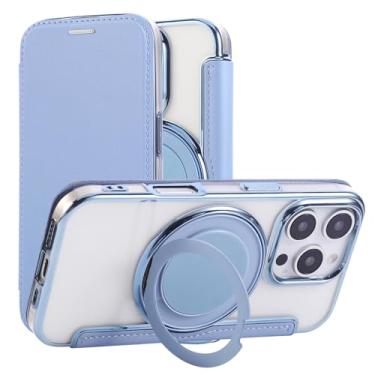 Imagem de Capa carteira para iPhone 14 Pro com 3 compartimentos para cartão, bloqueio RFID, suporte de anel giratório de 360° e compatibilidade magnética, capa traseira transparente à prova de choque, suporta