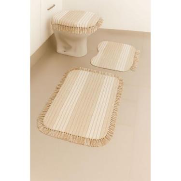 Imagem de Kit Tapete de Banheiro 3 Peças Algodão Macio Antiderrapante Decoração para Banheiro (LISTRADINHO-CARAMELO-B)