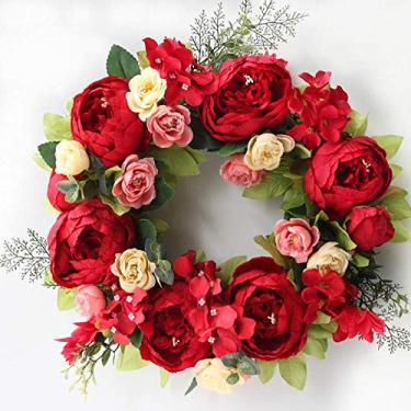 Imagem de Guirlanda de peônia artificial para porta da frente, guirlanda de flor de peônia vermelha de 38 cm com folhas verdes rosa, guirlanda de porta de flor de primavera verão para parede, festa de casamento