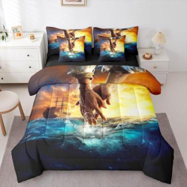 Imagem de Jogo de cama infantil com 7 peças, estampa da mão de Deus, oceano azul ocidental, decoração bíblica para todas as estações, azul laranja (elástico + lençol + 2 fronhas + 2 fronhas de travesseiro)