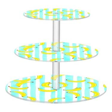 Imagem de Suporte de cupcake de 3 níveis para festa, exibição de acrílico, copo de torre de bolo, decoração de mesa, sobremesa, chá, festa, servir, prateleiras, aniversário, banana, listras brancas