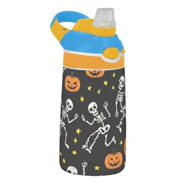 Imagem de Garrafa de água de 473 ml para crianças portátil Tritan Sports de 473 ml com canudo reutilizável à prova de vazamento, copo de viagem infantil, alça de transporte, esqueletos engraçados de Halloween
