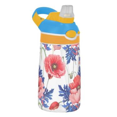 Imagem de Garrafa de água esportiva infantil branca floral vermelha com folhas azuis para escola, 473 ml, 473 ml, garrafa de água Tritan com canudo, copo reutilizável para crianças, portátil, alça de transporte