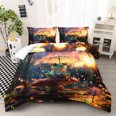 Imagem de AILONEN Jogo de cama Queen com estampa de sapo de desenho animado, cogumelo da chuva, microfibra macia, 1 edredom + 2 fronhas, 3 peças