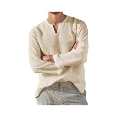 Imagem de Camisa Casual Masculina De Algodão E Linho Leve Com Decote Em V E Mang