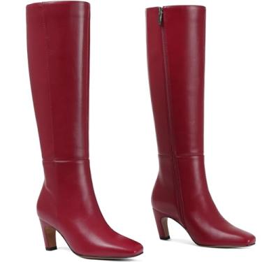Imagem de Botas femininas cano alto salto gatinho bico quadrado longo botas de couro sintético salto baixo moda vestido de panturrilha larga/casual botas elásticas com zíper lateral, D30/vermelho, 39