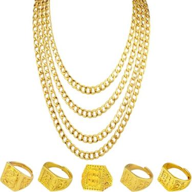 Imagem de Riuziyi Conjunto de 9 correntes de ouro falso e anéis Kanji, 8 mm 18/20/22/61.0 cm Hip Hop Rapper Faux Gold Tone Corrente grossa de aço inoxidável para festa dos anos 80, 90, 18in, 20in, 22in, 24in