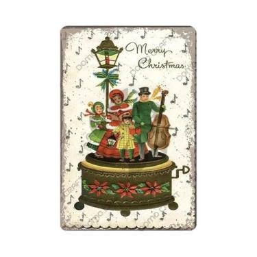 Imagem de Placa De Metal Vintage Feliz Natal Com Caixa De Música, Placa De Árvor