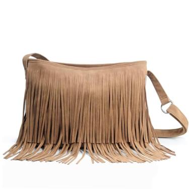 Imagem de HOXIS Bolsa tiracolo feminina de couro de camurça sintética com borla, Bronzeado, Tassel Cross Body