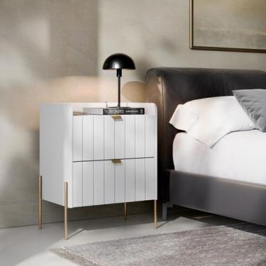 Imagem de Mesa de Cabeceira 2 Gavetas MDF Branca Pés Dourado Elegante Cor:Branco