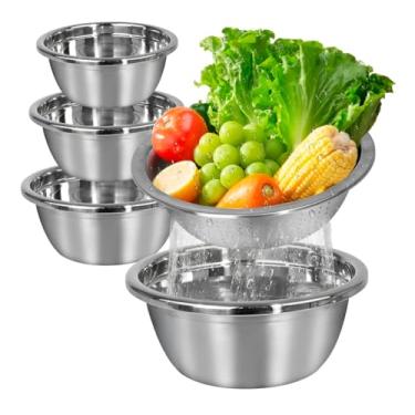 Imagem de Conjunto de 5 Peças 4 Bowls e 1 Escorredor em Aço Inox, Tigelas Multiuso para Cozinha, Preparo e Armazenamento de Alimentos