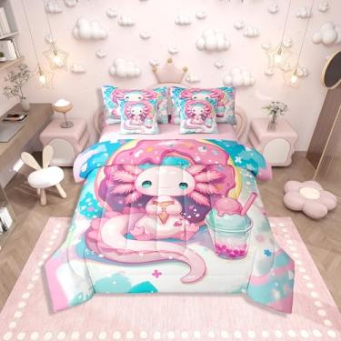 Imagem de Erosebridal Jogo de cama solteiro Axolotl com desenho animado rosa e azul, 7 peças, salamandra, donut, kawaii, com lençol com lençol e lençol com estampa de animal do oceano sonhador
