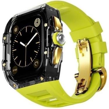 Imagem de ONECMN Kit de modificação transparente de luxo + pulseira de relógio fluororubber, pulseira esportiva de capa de policarbonato, para pulseira de relógio Apple 8 7 6 5 4 SE 45 mm 44 mm substituir (cor: L, tamanho: 45 mm)