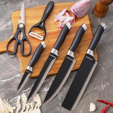 Imagem de Jogo de Facas de Cozinha 6 Peças Preto em Aço Inox Antiaderente – Kit com Tesoura e Descascador(Preto)