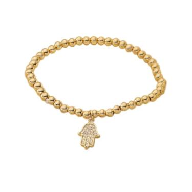Imagem de Pulseira feminina Hamsa com contas de ouro 18K banhada a ouro 18K com pingente de mão Hamsa de cristal brilhante presente religioso pulseira de proteção contra mau-olhado