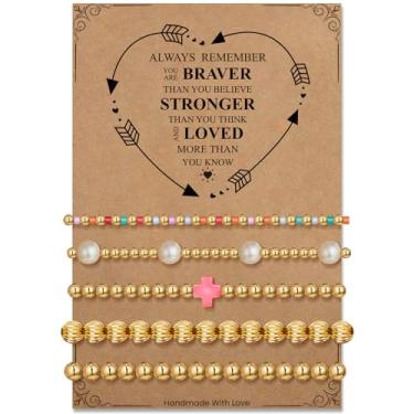 Imagem de Pulseira de contas de placa de ouro para mulheres: Pulseira de cruz de pérola delicada banhada a ouro 14K extensível para mulheres - Presentes de aniversário de Natal para filha, sobrinha, neta, 6.7