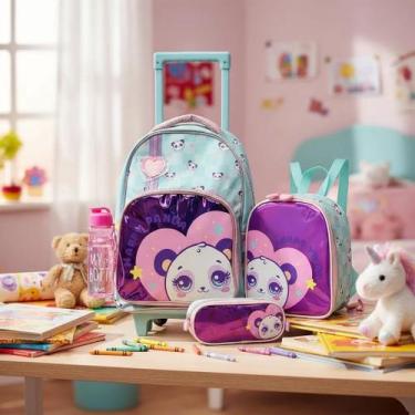 Imagem de Mochila Panda Azul E Rosa Holografica Escolar Medio Completo - D Prese