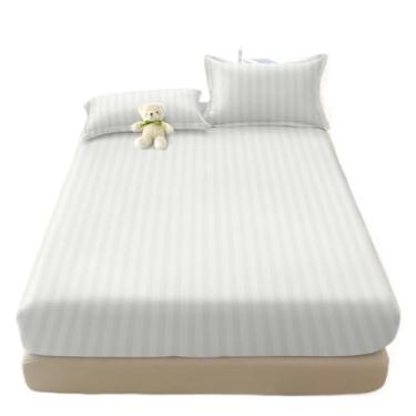 Imagem de Jogos De Lençol Com Elástico Listrado 400 Fios Solteiro 2 Peças Casal e Queen 3 Peças(Branco,CASAL 03 Peças)