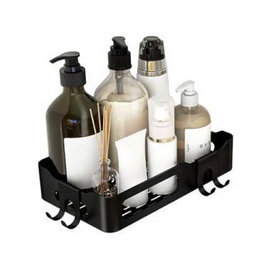 Imagem de Suporte para Cesto de Banho com Gancho Prateleiras Grande Capacidade Armazenamento Aço Inoxidável Antirrust Design Removível Drenagem Rápida Instalação sem Perfuração Cola Super Marcação e