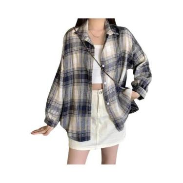 Imagem de Camisa Jaqueta Oversized De Tartan Para Mulheres, Manga Longa, Botão F
